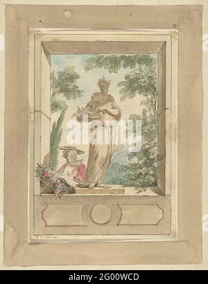 Design pour une pièce : statue de Flora derrière laquelle une femme avec panier floral. Conception d'une peinture. Banque D'Images