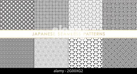 Ensemble de motifs japonais géométriques abstraits noir et blanc. Design d'arrière-plan traditionnel asiatique pour la décoration, le papier peint, les vêtements et l'emballage Illustration de Vecteur