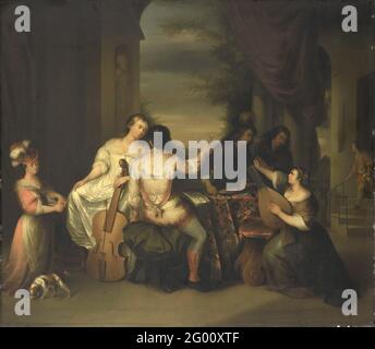 Une compagnie musicale. Compagnie de Muslicuating sur une terrasse. A droite, une femme qui vote un luth, derrière la table, un homme avec un violon, a laissé une femme avec un violoncelle à un homme assis qui lève un verre. La musique de feuille est sur la table. Dans le passé aussi considéré le fils perdu. Banque D'Images