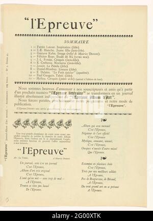 Magazine l'Epreuve. Le magazine l'Epreuve est paru mensuellement à partir du 1894 décembre 1895 et a prêté attention à l'art et à la littérature. Un album avec dix copies originales d'artistes célèbres est apparu dans le magazine, ces derniers sont appelés sur la page d'accueil. Dans cette troisième édition de février 1895, il y a différents poèmes de Stéphane Mallarmé et Albert Samain, entre autres. Trois illustrations du travail de Louis Legrand sont également incluses. Banque D'Images