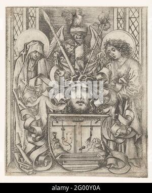 Armoiries avec l'Arma Christi. Armoiries avec Arma Christi, couronnée par la tête du Christ, flanquées de Maria et de Jean. Banque D'Images