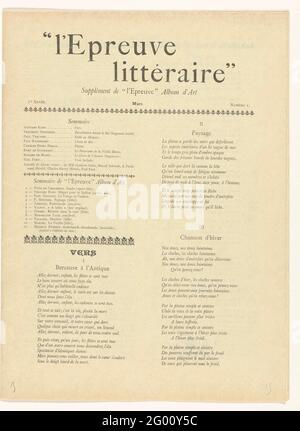 Magazine l'Epreuve. Le magazine l'Epreuve est paru mensuellement à partir du 1894 décembre 1895 et a prêté attention à l'art et à la littérature. A partir de mars 1895, l'album avec dix tirages originaux d'artistes célèbres est apparu comme une pièce jointe lâche, qui est appelée sur la page de couverture. Dans cette quatrième édition de mars 1895, il y a des différences de poèmes et de bookcitates. Une liste de dix james artificiels plus une édition supplémentaire pour l'édition de luxe est inscrite sur l'album Wrap. Banque D'Images