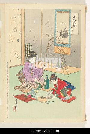 Comparaisons entre les beautés et les fleurs; Bijin Hana Kurabe. Album avec la série imprimée complète 'Bijin Hana Kurabe'; couverture de brocart brun clair avec motif de tendrils; dans la bande de titre vierge au milieu du haut; feuille de terrasse avec motif de paysage avec des conifères en or et argent; 13 feuilles: Table des matières; 24 tirages sur lesquels les femmes au cours de différentes activités, la première prest 'arrangement de fleurs pendant le nouvel an'; Colophon. Stocké dans le chitsu rouge (boîte pliante). Banque D'Images