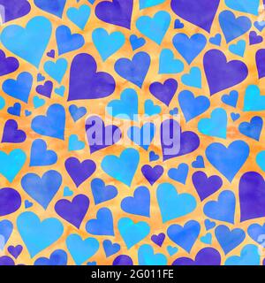 Motif coeur bleu aquarelle sur fond doré aquarelle Banque D'Images