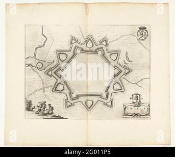 Plan d'étage de la forteresse de Groenlo avec de nouveaux renforts, 1627; Grolla; Grol, et son siège dans 't Jaer MDCXXVII, de l'histoire de Hugo Grotius. Carte des renforts à la ville de Groenlo, 1627. Centre de la ville de Groenlo avec les renforts renouvelés. En bas à gauche de quelques cavaliers. En haut à droite l'arme du comté de Zutphen. En bas à droite une cartouche avec le titre et l'arme de Groenlo. Bye et os: Virgae Rhijnlandicae. Sur texte néerlandais. Banque D'Images