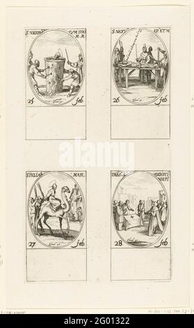 Saint NiceForus et Compagnon, Sacrée Nestor, Saint Julien, Traduction de la «rade» d'Augustin (25-28 février); tous les saints et les fêtes chrétiennes de l'année. Feuille avec quatre représentations ovales, chacune avec inscription et date en latin: Au-dessus du Saint niceforus dans un grand pot ou arbre creux avec des trous où les gens ont inséré, en haut à droite le Saint nestor qui est torturé sur un pin, en bas à gauche du Saint Julien à un Camel, En bas à droite, le cercueil avec les restes de la Saint Augustin entouré de ecclésiastiques et de nobles. Cette impression fait partie d'une série d'impressions avec des représentations de TH Banque D'Images