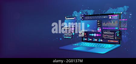 Ordinateur portable et smartphone avec tableau de bord ouvert. Concept de travail à distance en ligne. Travail à la maison. Conférences en ligne, statistiques et analyses, affaires à domicile Illustration de Vecteur
