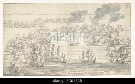 La fin de la bataille maritime à Solebay, le 7 juin 1672. En agitant les flottes anglaise, néerlandaise, zélandaise et française après la fin de la bataille de Solebay le 7 juin 1672. En arrière-plan, le « Royal James » est illuminé de Mountagu. Aussi: 'Royal Sovereign' de Jordanie, 'Eendracht' de Nes, 'Charles' de Harman, 'St-Andrew' van Kemptthorne, 'la province du Ruyter, 'Eléphant' de Sweers, 'Vierge de Dordrecht' de l'amour, 'Dolphin' de Van Ghent, 'Gouda' de Hahuizen, 'arme de Schalm' par 'Schrupn'. Banque D'Images