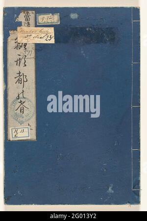 Les modèles de printemps pour la capitale; Hinagata Miyako No Haru. Première partie (de trois) avec motifs d'échantillon pour kimonos; couverture bleue avec motif en pression aveugle et bande de titre blanche en haut à gauche; feuille de couverture verte avec paillettes et image de chariot par fleurs, page de titre; feuilles de Nineteen, numérotées: 0, introduction; 1-18, images de kimonos à l'arrière, avec divers motifs. Les modèles sont numérotés de 51 à 86. Banque D'Images