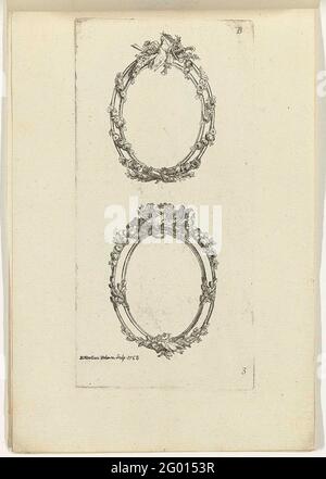 Deux cadres photo ovales ; IIe. Cahier d'ovales et de médaillons pour les bijoux et les voces; dessins ornementaux pour les bijoux et les voitures. Le cadre supérieur est décoré de colombes de tortues, de roses, d'un ruisseau et d'une torche. L'ornement inférieur se compose d'un cadre avec des lauriers, des roses, des pigeons, une torche, une clé et des instruments de musique. Imprimé décoratif de la série B. Banque D'Images