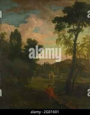 Paysage arcadien avec Jupiter et IO. Paysage arcadien avec Jupiter et IO. En arrière-plan un temple et un obélisque à une rivière. Sur la droite, un seul arbre haut. Banque D'Images