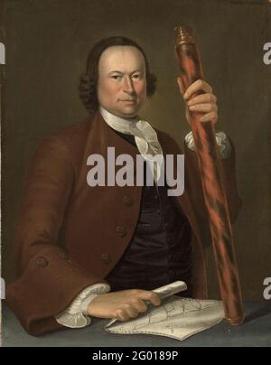 Portrait d'un officier en mer avec carte côtière et jumelles dans sa main. Portrait d'homme d'un officier en mer. Il est représenté pour mi-chemin, tête et visage. Dans sa main gauche, il a des jumelles et dans son juge une carte sur laquelle on peut voir une côte et des bouches de rivière. Les jumelles et la carte reposent sur une table derrière laquelle se trouve la figure. Il porte une veste épaisse avec des manches pliées. Byond il porte une veste et un chemisier léger à manches très ornées. Banque D'Images