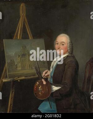 Portrait de Jan Ten Compe, peintre et revendeur d'art à Amsterdam. Portrait de Jan Ten Compe (1713-61), peintre et marchand d'art à Amsterdam. Le peintre est en main avec une palette et des pinceaux derrière une peinture avec une représentation de la mairie de Delft. Banque D'Images