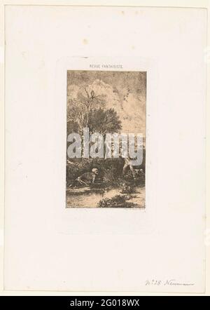 Deux chasseurs surpris par la mort; les chasseurs Surpris par la mort. Paysage avec deux chasseurs avec leur butin de lapins de tir debout à une haie. Ils ont peur de la mort qui rampent comme un squelette au-dessus du sol. Un chasseur perd son fusil et l'autre pointe son arme. Un chien se tient avec la queue entre les jambes derrière ce chasseur. Au sommet d'un arbre se trouve un hibou et la tige de gnarled montre des visages. Il y a une ville au loin. Au-dessus du spectacle se trouve le texte Revue Fantaisist. Banque D'Images