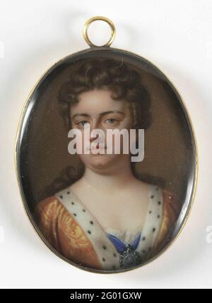 Portrait d'Anne Stuart (1665-1714), reine d'Angleterre. Femme ou George ou Danemark. Portrait d'Anne Stuart (1665-1714), reine d'Angleterre. Épouse de George van Denmark. Buste, regardé. Au portrait par le pull-opeller de 1703. Fait partie de la collection miniature portrait. Banque D'Images