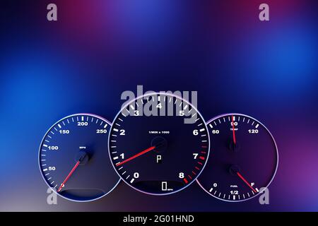 L'illustration 3D du tableau de bord de la voiture est éclairée par un éclairage lumineux. Indicateur de vitesse circulaire, compte-tours de couleur bleu fluo Banque D'Images