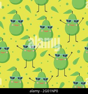 Joli motif sans couture avec le personnage Happy Joy avocat dans des lunettes de soleil. Illustration de dessin animé vectoriel. Illustration de Vecteur