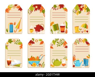 Étiquettes de prix en papier d'automne dessinées à la main ensemble de dessins animés. Rural étiquettes cadeau plat rustique congé d'automne, livre et café, parapluie, tasse doodle boisson collection d'autocollants. Automne étiquettes clip art vente vecteur Illustration de Vecteur