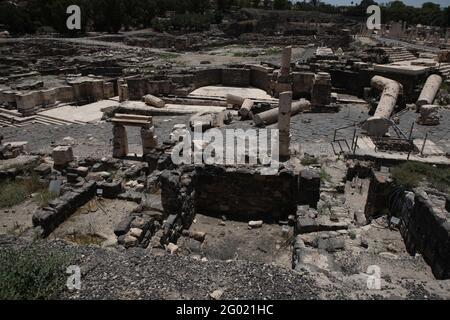 Ruiné en 749 Quake, le Monument Central, Nymphaeum, Temple romain et rue Palladius.Construit au 2ème siècle par le Romain. Misez elle'an ou Scythopolis. Banque D'Images