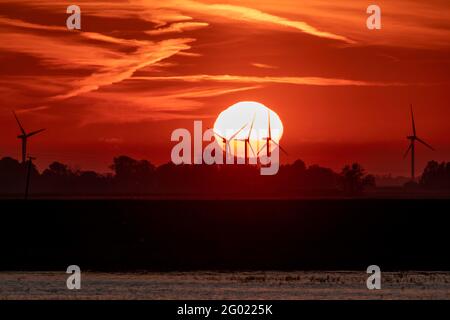 Coucher de soleil derrière le parc éolien de Tick Fen, de l'autre côté des niveaux de Bedford Banque D'Images