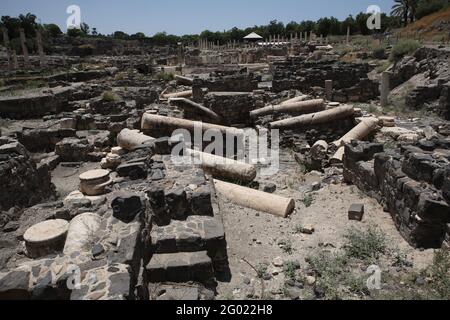 La rue de Silvanus colonisé construite au 2ème siècle après J.-C. par les Romains, reconstruite par les Byzantins, ruinée dans un Quake de 749. Bet She'an ou Scythopolis, Jordan Valley. Banque D'Images