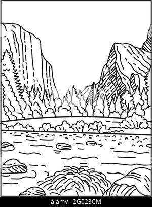 Illustration monoligne du parc national de Yosemite situé dans le nord de la Californie, États-Unis fait en rétro noir et blanc ligne de monoline art sty Illustration de Vecteur