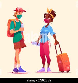 Les touristes parlent ensemble. Homme et femme dans les masques médicaux se rencontrent dans les voyages. Deux amis ou un couple avec des bagages vont en voyage. Illustration vectorielle représentant des personnes avec un sac à dos et une valise, gardez la distance Illustration de Vecteur