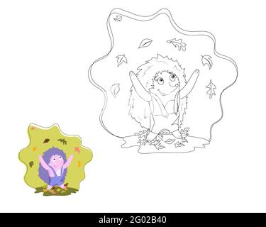 Livre de coloriage pour les enfants, hérisson jette des feuilles, automne. Vecteur isolé sur un fond blanc Illustration de Vecteur