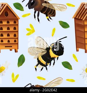 Motif sans couture avec abeille Bumble, ruche, abeille, feuille, fleur. Motif sans couture pour votre conception. Illustration du vecteur 3d Illustration de Vecteur