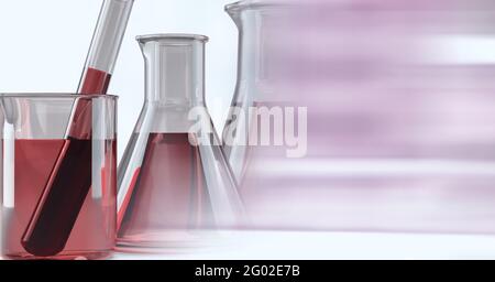 Composition du tube à essai de laboratoire et des béchers avec du liquide rouge et de l'espace de copie Banque D'Images