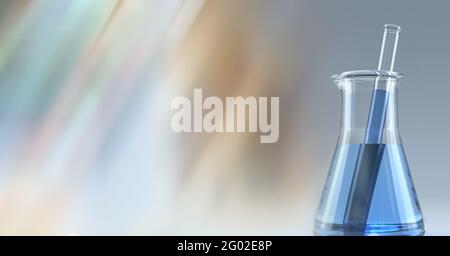 Composition d'un ballon conique de liquide bleu et d'un agitateur, avec espace de copie flou Banque D'Images