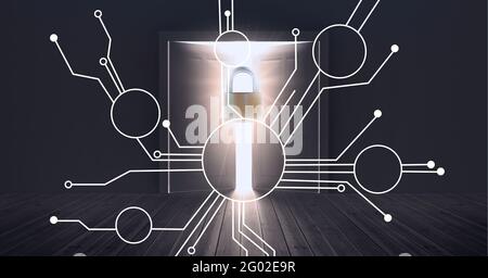 Composition de circuits de carte mère d'ordinateur lumineux avec cadenas sur fond de pièce sombre Banque D'Images