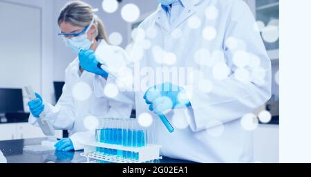 Composition des techniciens de laboratoire hommes et femmes au travail, avec un espace de copie de bokeh blanc à droite Banque D'Images