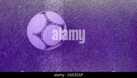 Composition du football sur une ligne blanche sur un terrain de pelouse avec espace de copie et teinte violette Banque D'Images