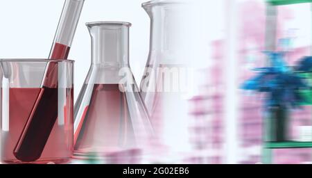 Composition du tube à essai de laboratoire et des béchers avec du liquide rouge et de l'espace de copie Banque D'Images