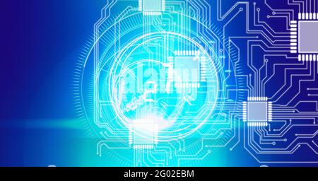 Composition des circuits de la carte mère de l'ordinateur avec cadran de sécurité lumineux sur fond sombre Banque D'Images