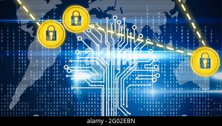 Composition de la carte du monde gris, des nombres binaires et de la carte mère avec des icônes de cadenas connectées en noir Banque D'Images