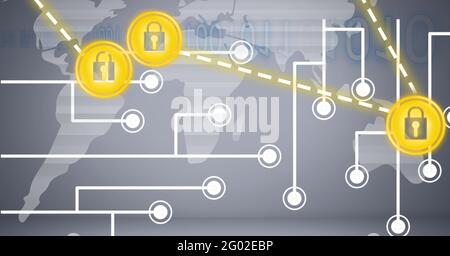 Composition de la carte du monde gris avec carte mère de l'ordinateur et icônes de cadenas jaunes connectés Banque D'Images