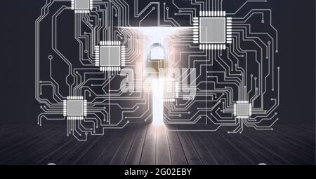 Composition de puces d'ordinateur et de carte mère brillantes avec cadenas sur fond de pièce sombre Banque D'Images