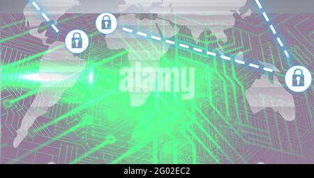 Composition de la carte du monde gris avec carte mère verte brillante avec icônes de cadenas blanches connectées Banque D'Images