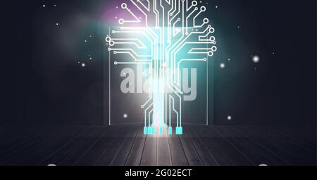 Composition de circuits de carte mère d'ordinateur lumineux avec cadenas sur fond de pièce sombre Banque D'Images