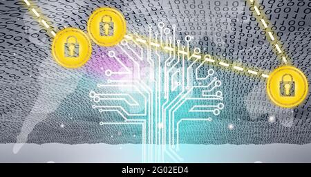 Composition de la carte du monde gris, des nombres binaires et de la carte mère avec des icônes de cadenas jaunes connectées Banque D'Images