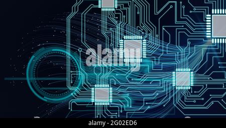 Composition de circuits et puces de carte mère d'ordinateur lumineux avec oscilloscope circulaire sur noir Banque D'Images