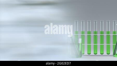 Composition des tubes à essai de liquide vert dans le rack, avec un espace de copie flou en arrière-plan Banque D'Images