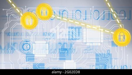 Composition d'une carte mère et de puces d'ordinateur grises et bleues avec icônes de cadenas jaunes connectées Banque D'Images