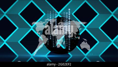 Composition de la carte du monde et du code binaire sur une grille 3d bleue sur fond noir Banque D'Images