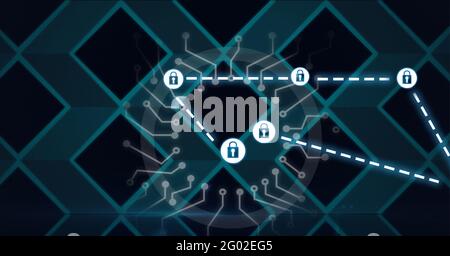 Composition des icônes de cadenas blancs connectés et des circuits avec grille verte 3d sur fond noir Banque D'Images