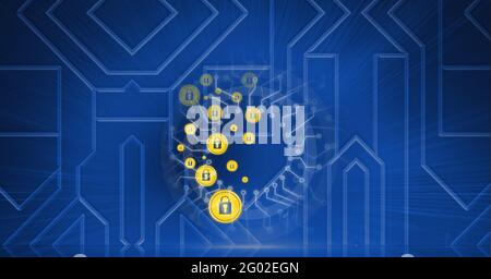 Composition d'icônes de cadenas jaunes avec circuits sur la carte mère bleue Banque D'Images