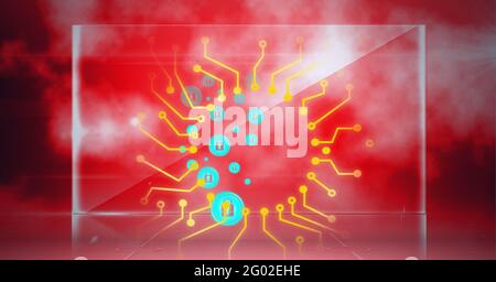 Composition d'icônes de cadenas bleus avec circuits jaunes sur écran transparent contre les nuages rouges Banque D'Images