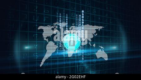 Composition de l'icône de cadenas bleu avec carte et binaire sur la grille, avec des lumières sur fond noir Banque D'Images
